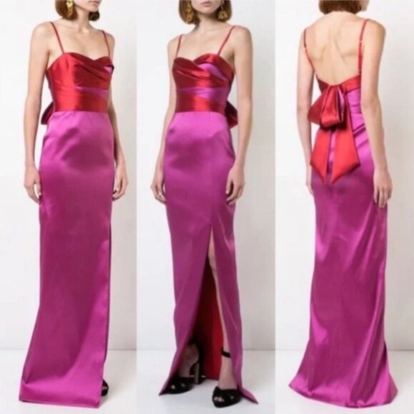 Marchesa Dresses & Skirts - Marchesa Notte Two Tone Pink Red Mikado Dress Maxi Gown Bow Size 14
